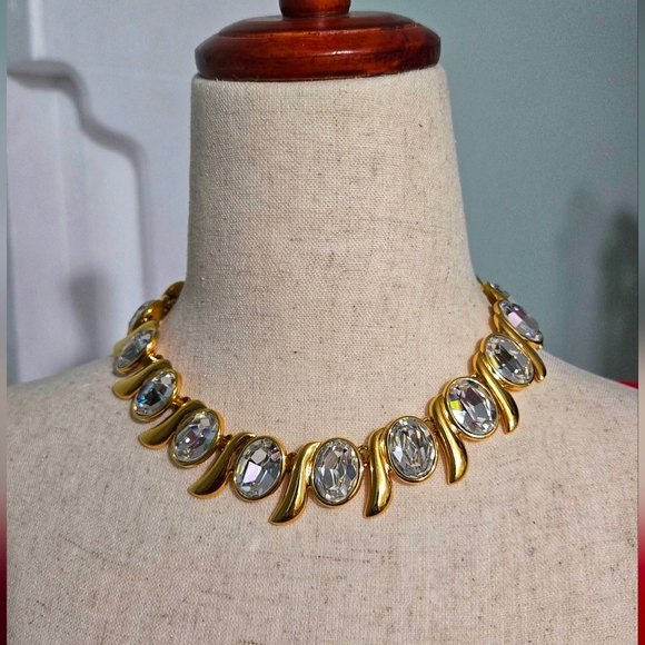 Napier Gold plated Necklace with Clear Crystals Hollywood runway deco vtg 1990s - Picture 15 of 17